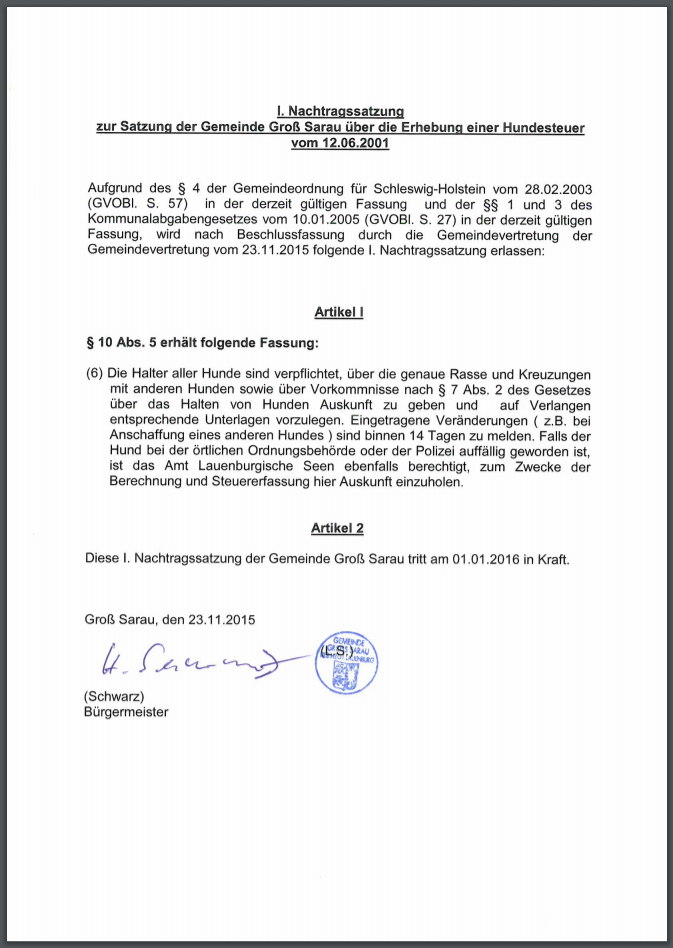 I. Nachtrag zur Hundesteuersatzung