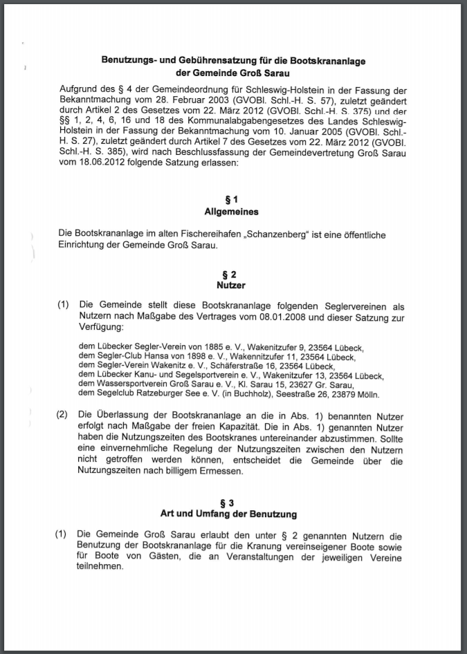 Benutzungssatzung Bootskrananlage der Gemeinde