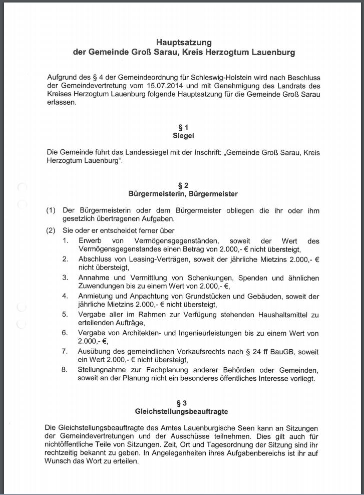 Hauptsatzung der Gemeinde Groß Sarau