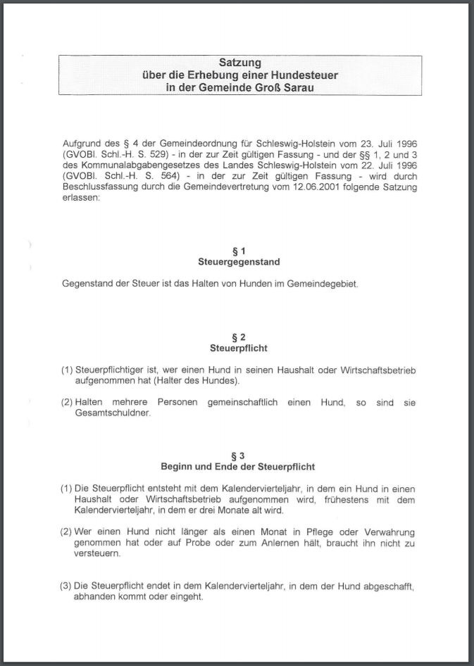 Hundesteuersatzung der Gemeinde Groß Sarau